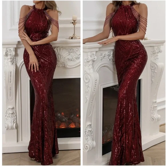 Luxe Sequin Champagne Halter Evening Party Wedding Bodycon Gown Dress - Picture 3 of 9